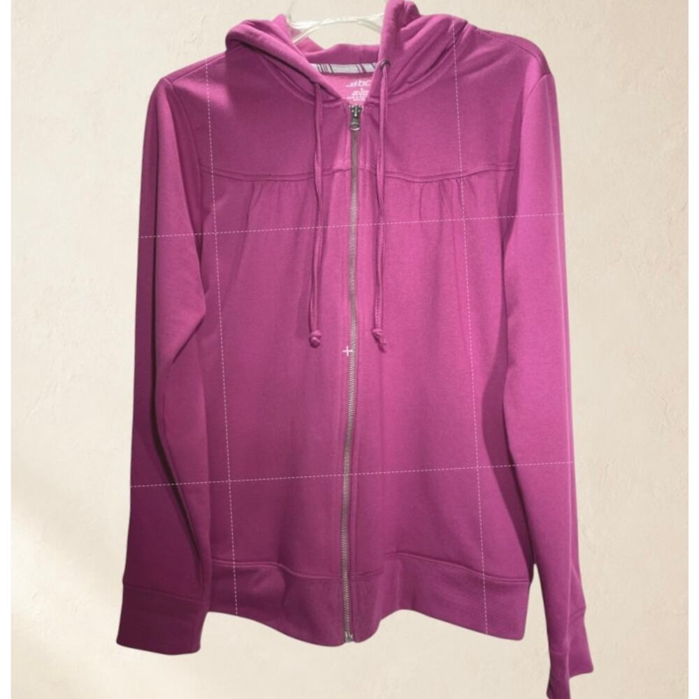 BCG Womens L Raspberry Full Zip Hoodie Gathered Yoke Plaid Lined Cotton Blend - Picture 2 of 7